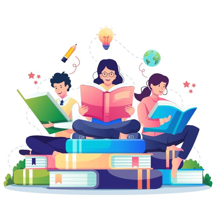 3 students learning and reading books